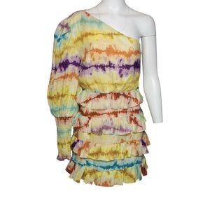 ELLIATT Colorful Tie Dye Venue Mini Dress Linen One Shoulder Yellow Size Large
